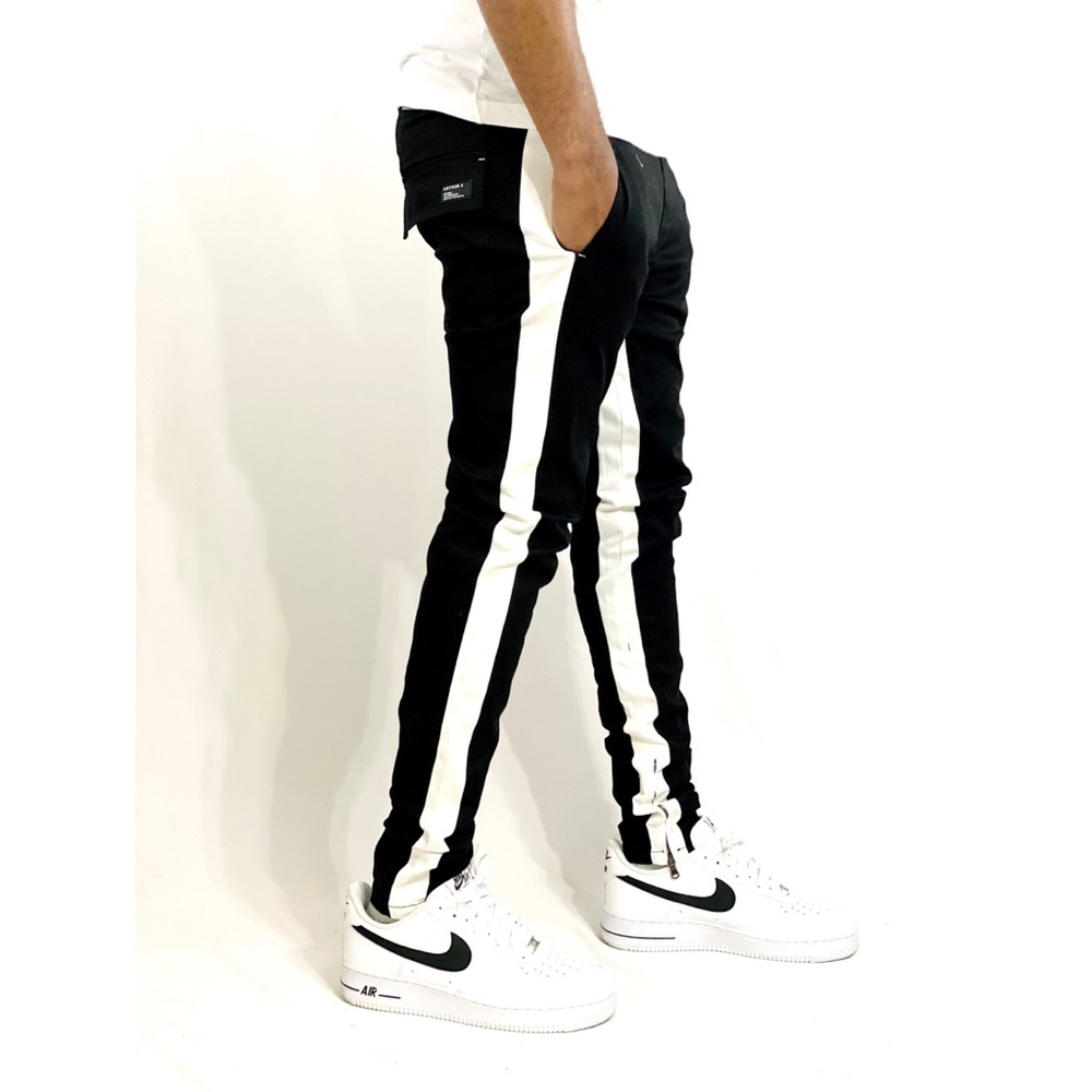 Striped Zip-Up Chino Pants - Black
